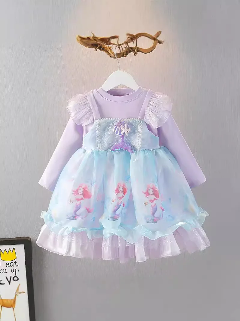 

Disney Girls' Princess Dress Cartoon Mermaid Printed Dress Mesh Dress Sweet Cute Long Sleeve Color Blocked Dress Autumn New