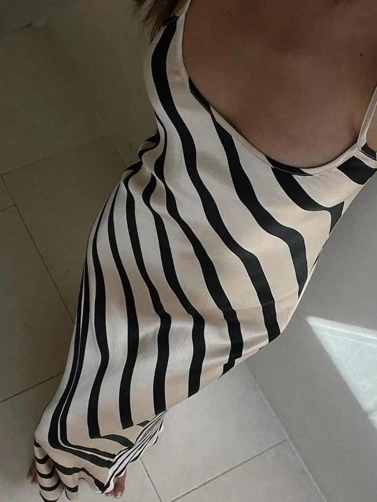 2024 Zebra Printed Elegant Halter Dresses Female Sleeveless Slim Loose Printed Striped Long Dress Women\'s Backless Maxi Dress