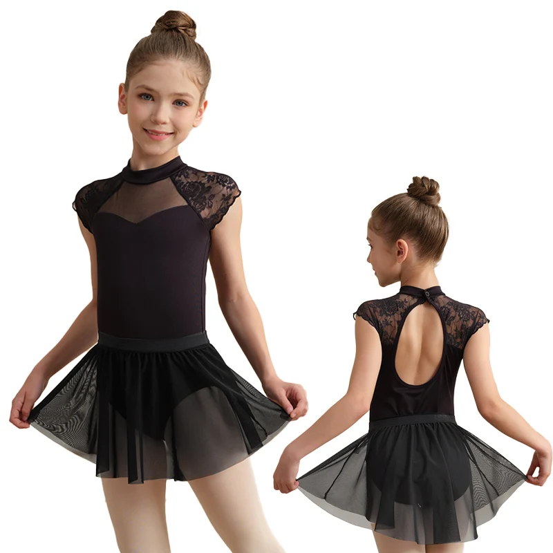 Mädchen-Ballett-Trikots mit abnehmbarem kurzem Rock, Kinder-Tanzrock-Kombination, Kleinkind-Gymnastik-Trikots mit Spitze/Mesh-Spleißen