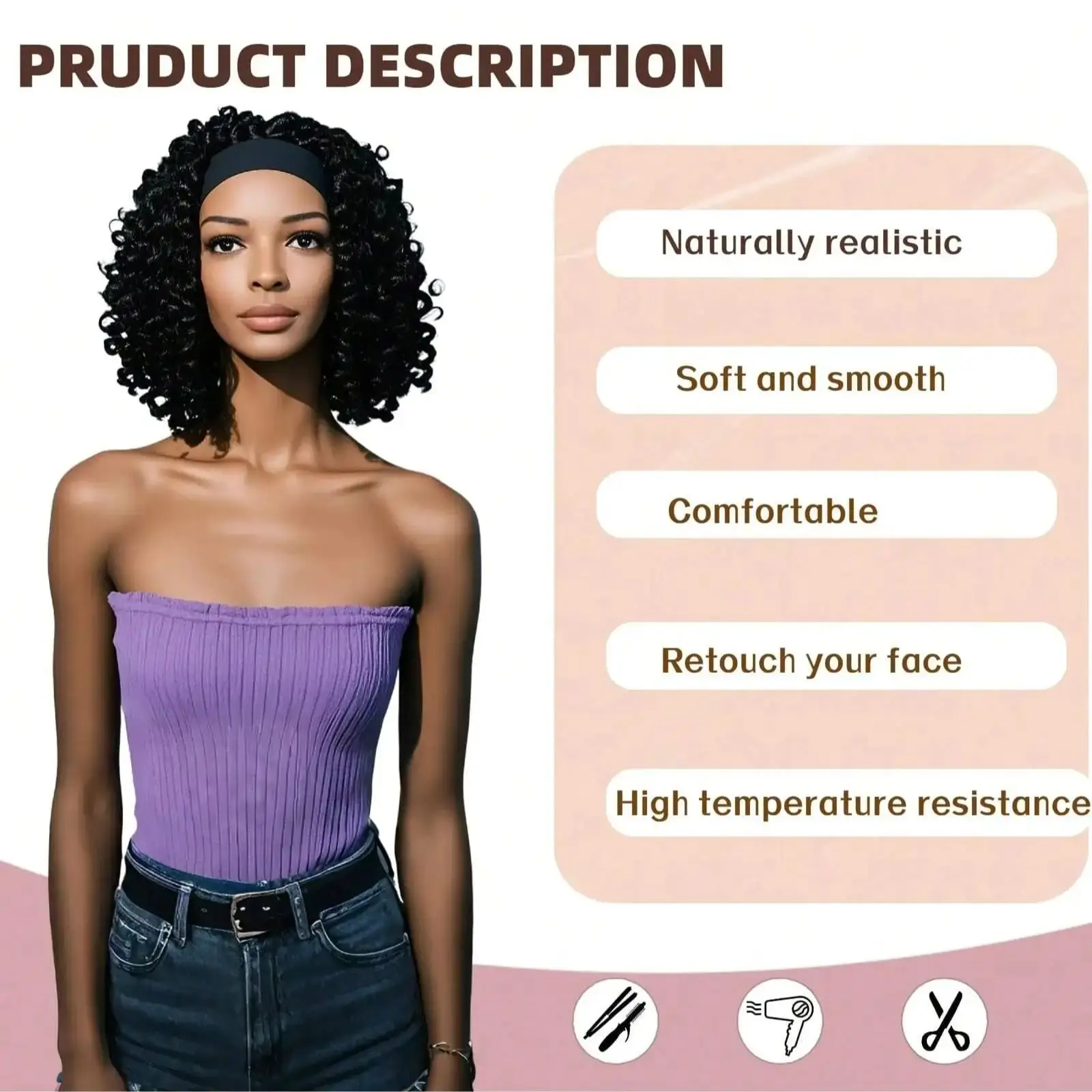 موجة عميقة عقال شعر مستعار مجعد شعر مستعار لا شيء الدانتيل للنساء السود قصيرة شعر مستعار اصطناعي أسود اللون الطبيعي لتغطية رأس لفة يومية