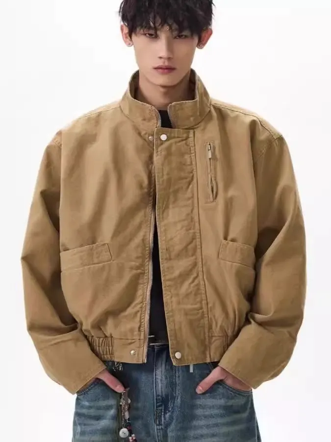 

Retro American Waed Canvas Stand Collar Pilot Jaet ex Boxy Barn Sle Workwear Coat Youth Trend Spring Autumn Winter