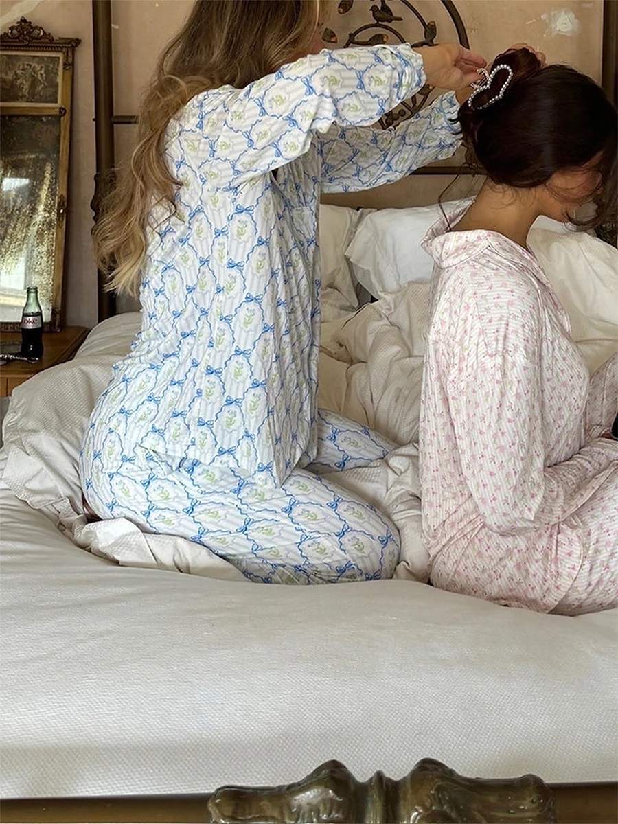 Женский комплект из двух предметов для отдыха с длинным рукавом, клетчатая рубашка с цветочным принтом, брюки, комплекты одежды для сна