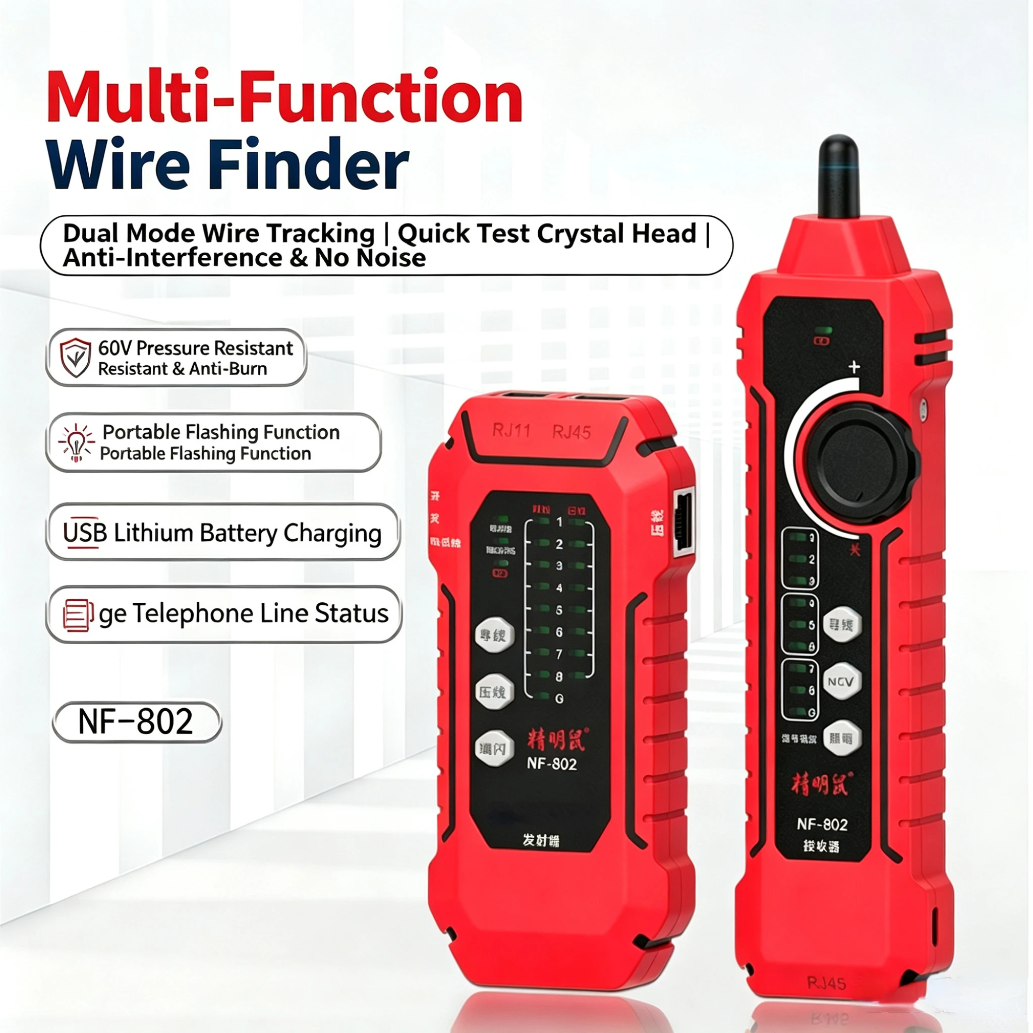 Network Cable Tester RJ45 RJ11 CAT5 CAT6 Wire Tracer Port Flasher with NCV and Flashlight for Ethernet LAN and Telephone Line CE