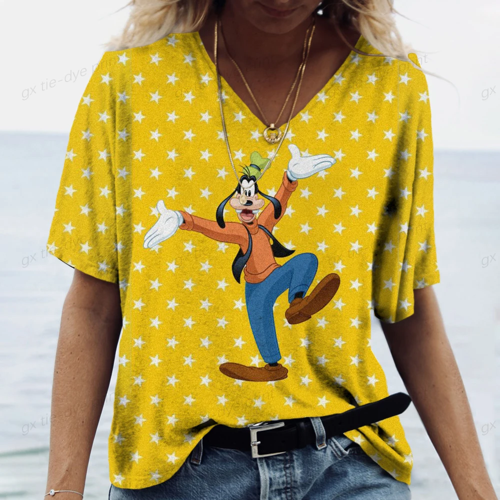 Retro 3dDisney Goofy Printed Women's T-shirt Harajuku Fashion V-neck Short sleeved Extra Large Top Women's Fashion Street