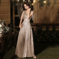 DongCMY Luxury Fringe Sequin Evening Dress 2026 New Fashion Deep V-Neck Champagne Party Dress Customized Customized