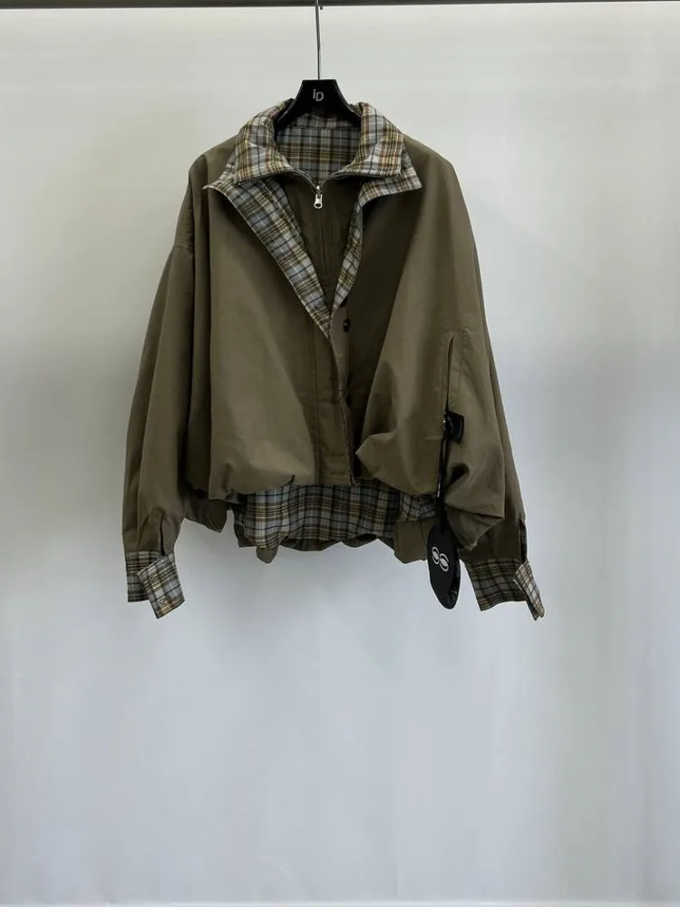 CiCi 2025 الخريف الشتاء الرجعية Colorblock منقوشة السترة معطف المرأة موضة وهمية قطعتين تصميم مزيج القطن والبوليستر #6