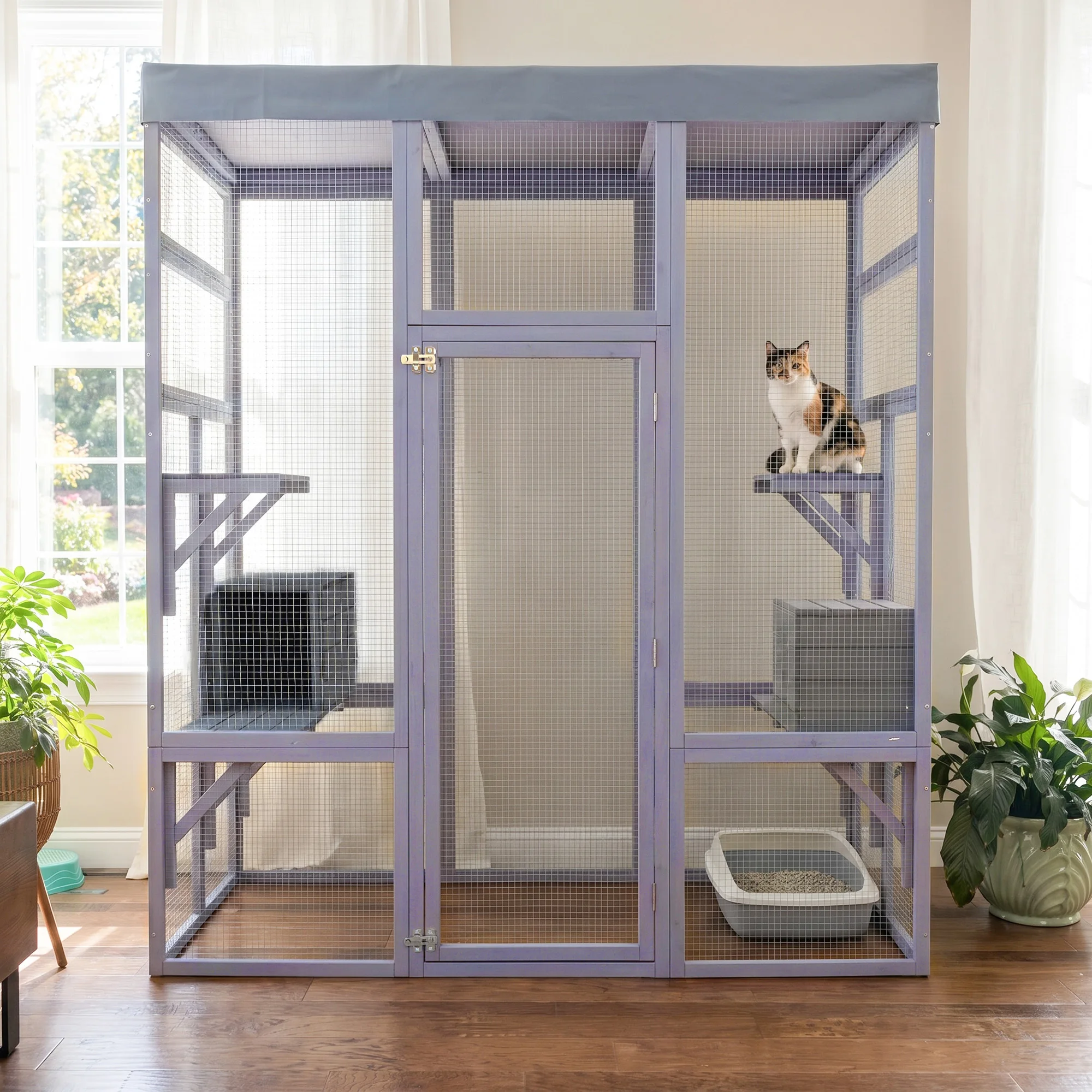 62.6" Wooden Catio for Cats, Large Cat Enclosure with Waterproof cover, 2 Napping House, Platforms & Galvanized Metal Wire – Secure Pet Cage Shelter view 2