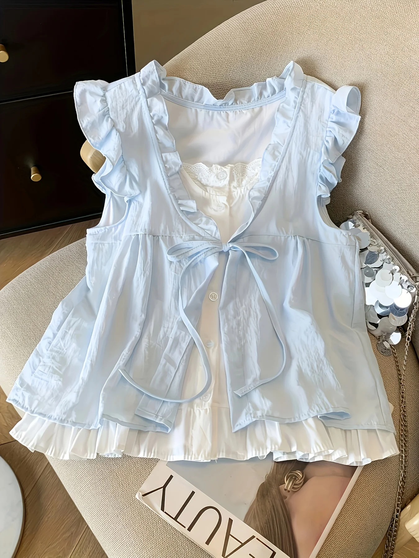Pleated Babydoll Top Elegant Directional Fake Two-Piece Shirt Women's Pleated Age-Reducing Loose Sleeveless Babydoll Dress Top