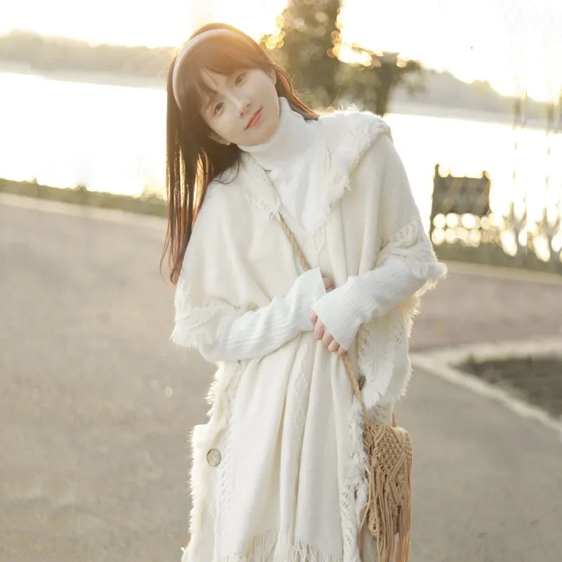 Button Shawl Bohemian Tassel Sweater Knit Sweater Pullover Hooded Cape Spring and Autumn Women