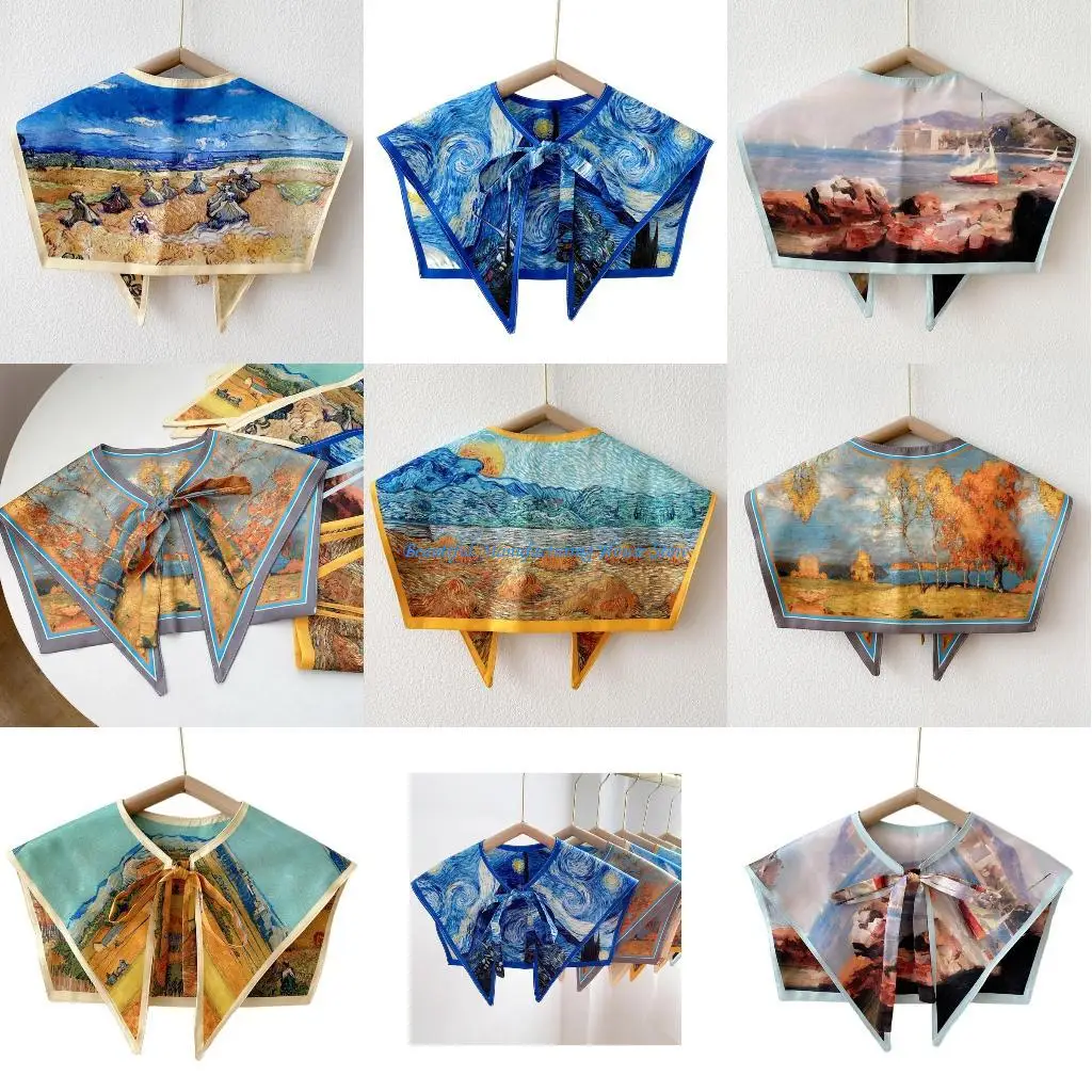 

E56a Женщины элегантные съемные воротничные шарф винтаж красочный ландшафтный масляный маслом