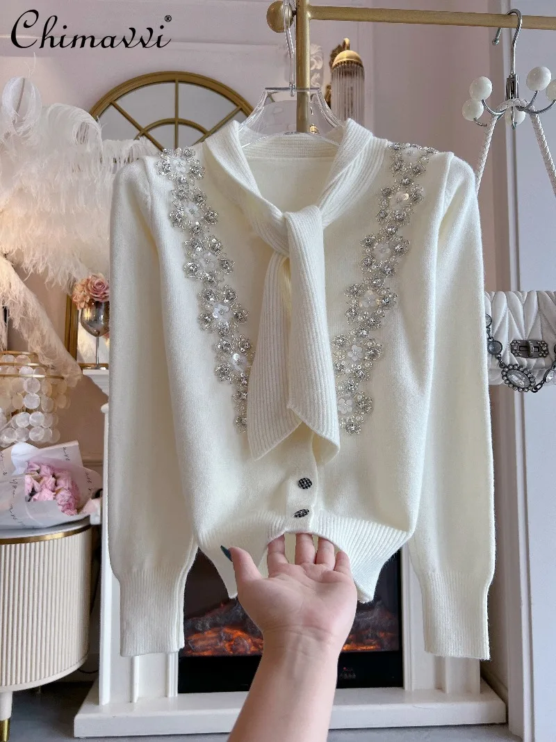 

2025 Autumn Winter New Heavy Scarf Collar Sweater Fashion Long Sleeve Loose Slimming Elegant Knitted Cardigan Coat Women