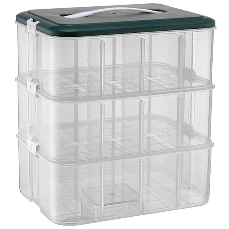 B-M Stackable Toy Storage Box, Clear Adjustable Compartment  Box With Handle 3-Tier Plastic  Box