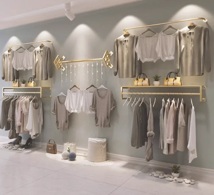 

Wall mounted display racks for men and women's clothing in clothing stores, wall mounted shelves, combined hanging racks