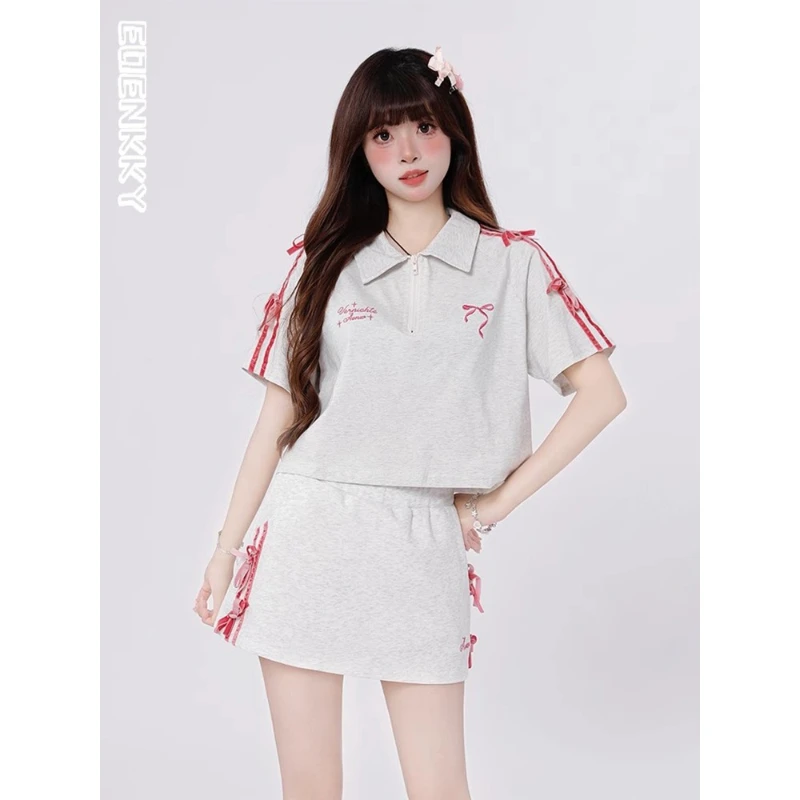 Summer Y2k Bow Skirt 2 Piece Set Women Korean Casual Sweet Embroidered Short Sleeve T-Shirt+Slim A-line Skirt College Sport Suit