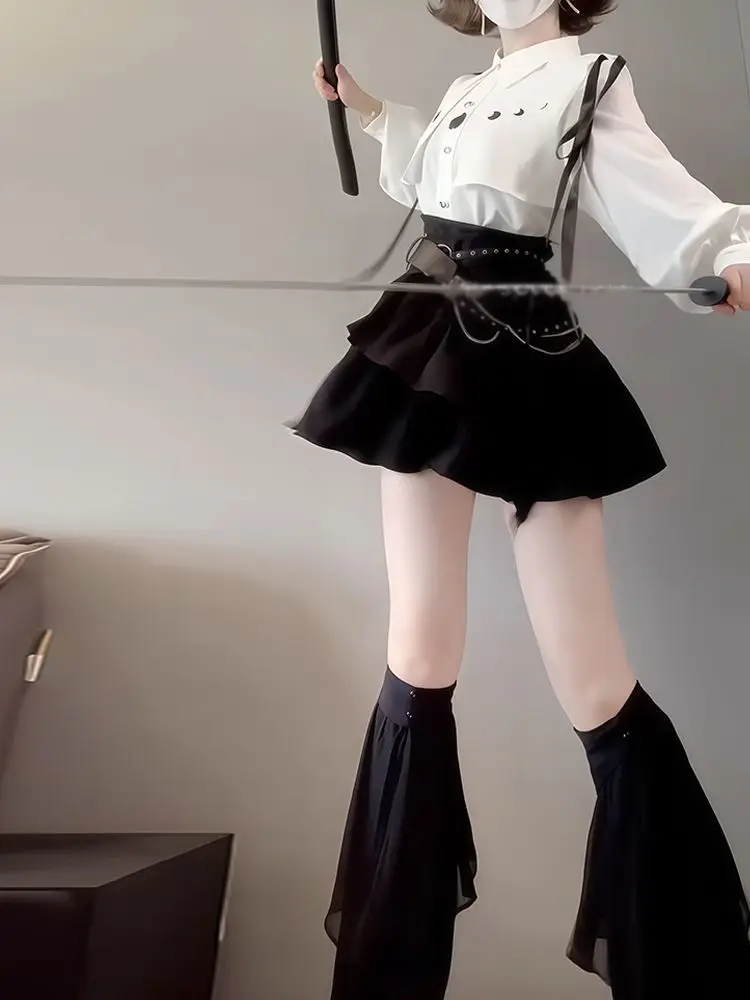 Estético y2k design novo conjuntos de 3 peças roupas femininas gótico botão design topos + preto cintura alta saia retro chique cinto conjuntos 2025