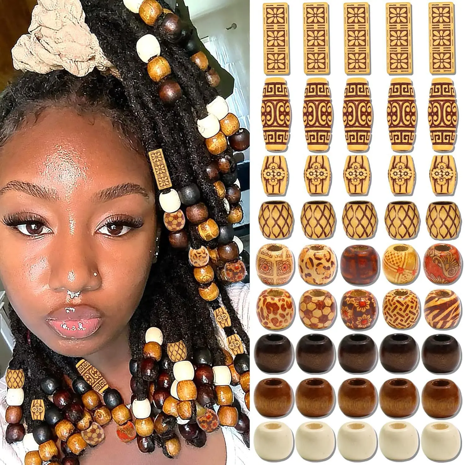 Tribal Style 60 Pcs Imitation Wood Beads Combination Large Hole for Dreadlock Braids Durable Non Toxic Smooth DIY Hair Accessory