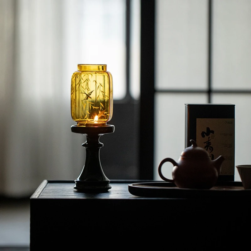 Chinese Glass Emerald Candlestick Atmosphere Lamp Aromatherapy Candle Tea Ceremony Accessories Desktop Decoration