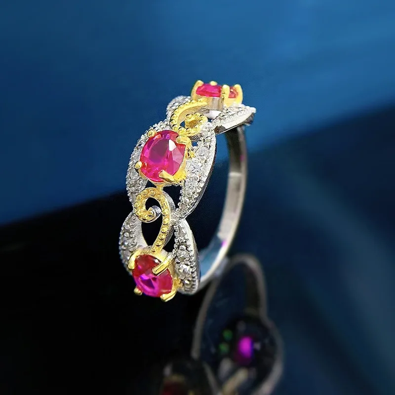 2023 New 925 Silver 4 * 5 Red Treasure Blue Treasure Color Separation Luxury Temperament Dove Egg Ring