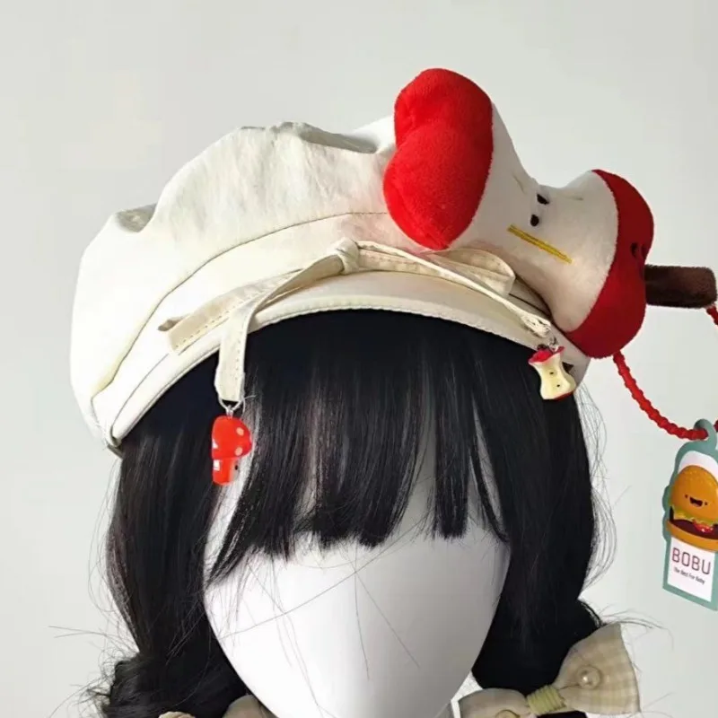 Giapponese Kawaii mela decorazione berretto cappello per le donne dolce carino Y2k Lolita JK ragazze studente Vintage artista pittore Beige fiocco