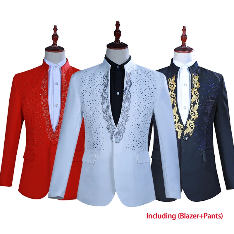 2025 New White/red /black Hot Flower Hot Diamond Collar Men Suit Set, Annual Meeting Host Singer Stage Party Performance Dress