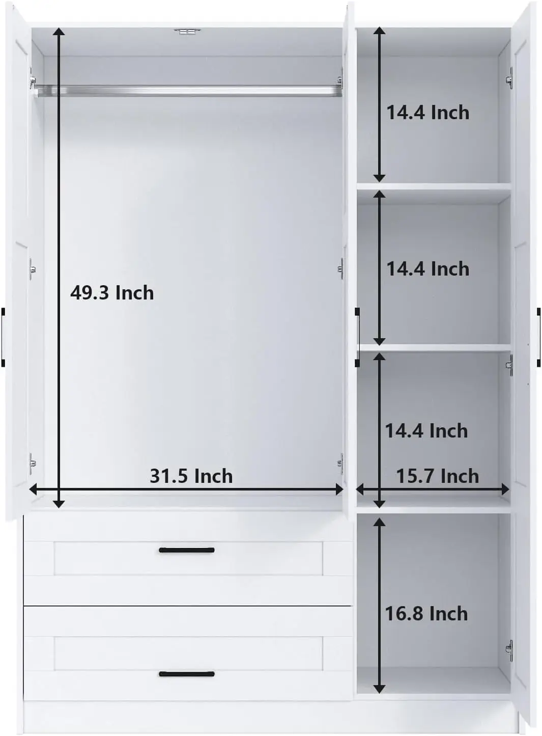 3 doors Fa- Gardrób Lomtár armoire, Fehérítőszer tárolására szekrény számára Akasztás ruhák, Hálószoba Messzemenő kapacitású Szabadon álló armoire