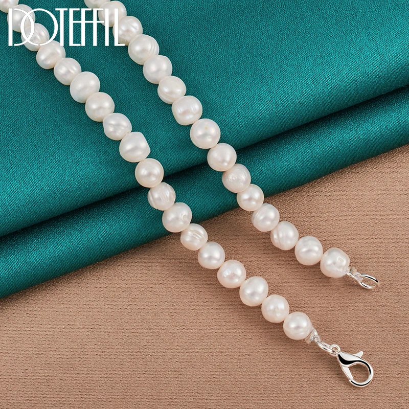 DOTEFFIL 2pcs 8mm Natural Pearl Beaded Chain 925 Silver Buckle Necklace Bracelet Set For Women Wedding Engagement Party Jewelry