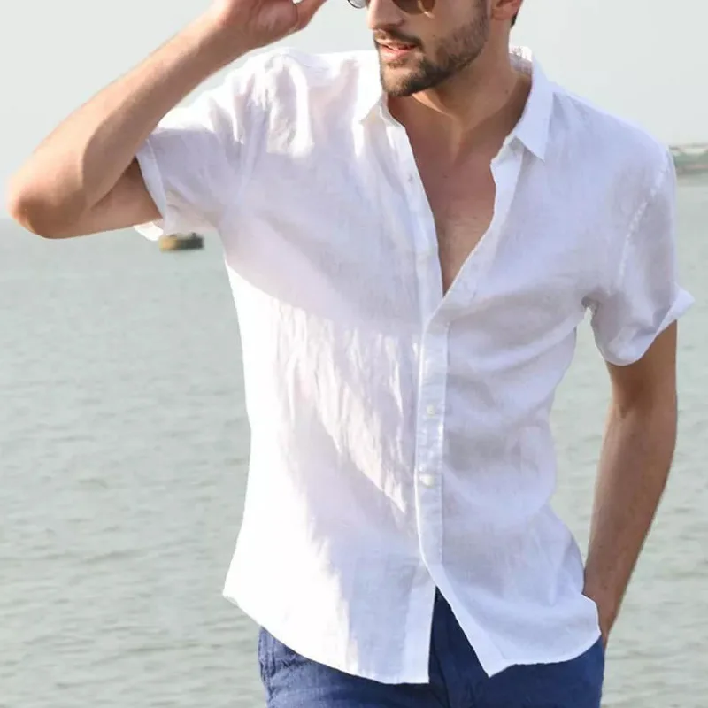 New Casual Loose Men\'s Shirt Summer Beach Holiday Solid Color Lapel Cardigan Breathable Short Sleeve Tops