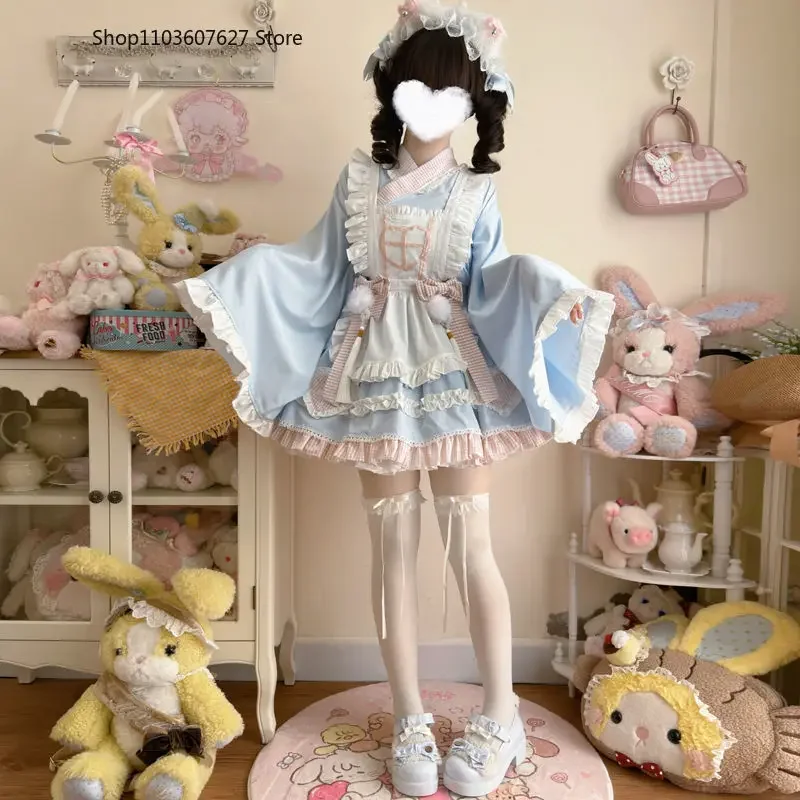 Anime lolita vestido de empregada conjunto feminino doce japonês quimono halloween gato cosplay traje vestidos de festa gótico y2k meninas vestido bonito