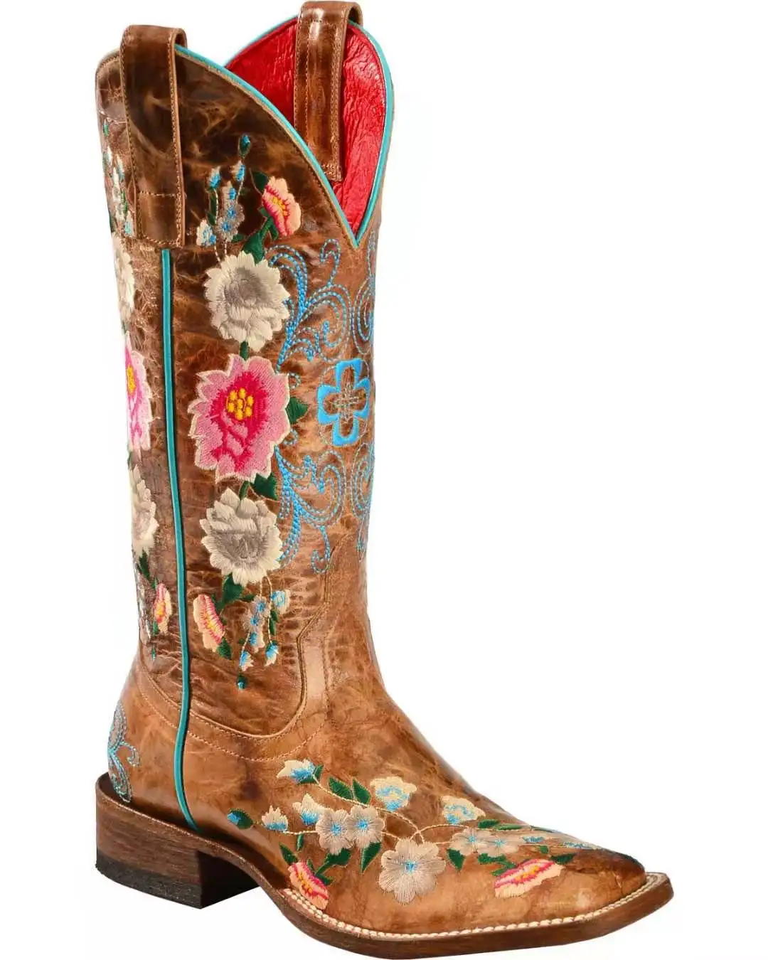 Colorful Rose Floral Embroidery V Collar Sewing Knee High Boots Square Toe Low Block Heels Vintage Cowgirl Shoes Winter