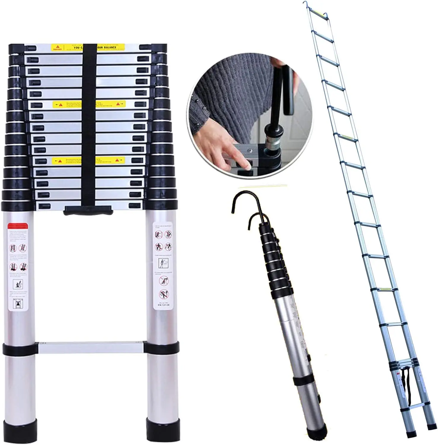 

Ladder with 2 Detachable Hooks Anti-Slip Rubber Feet Portable Heavy Duty Folding Ladder 330lbs Max Capacity EN131 Certificated