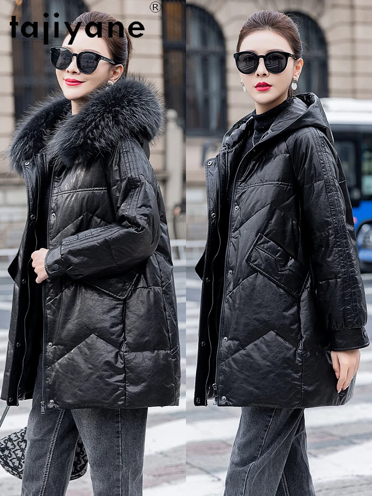 TAJIYANE 100% Pelle di mucca Piumino d'oca Donna Collo in pelliccia di procione Piumino Luxe Giacche in vera pelle 2025 Abbigliamento donna