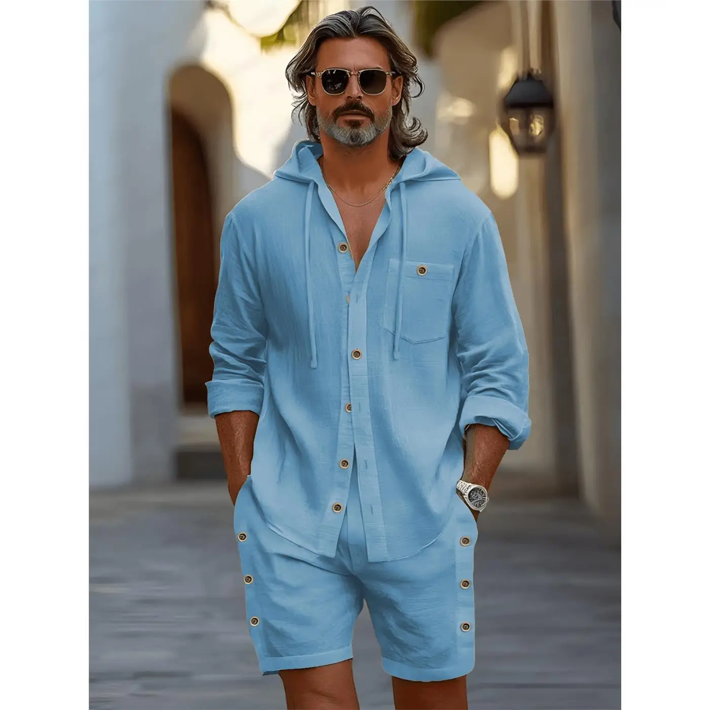 Men's Season Long Sved Hooded Shirtshorts TwoPiece Set Standard Fit Bright Thread Flocking Cotton Citywalk Casual Style Long ...