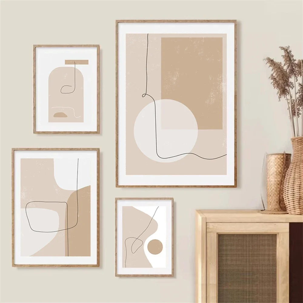 (No frame)Pósteres de línea geométrica Beige abstracta Bohemia, pintura en lienzo, impresión artística de pared, póster moder
