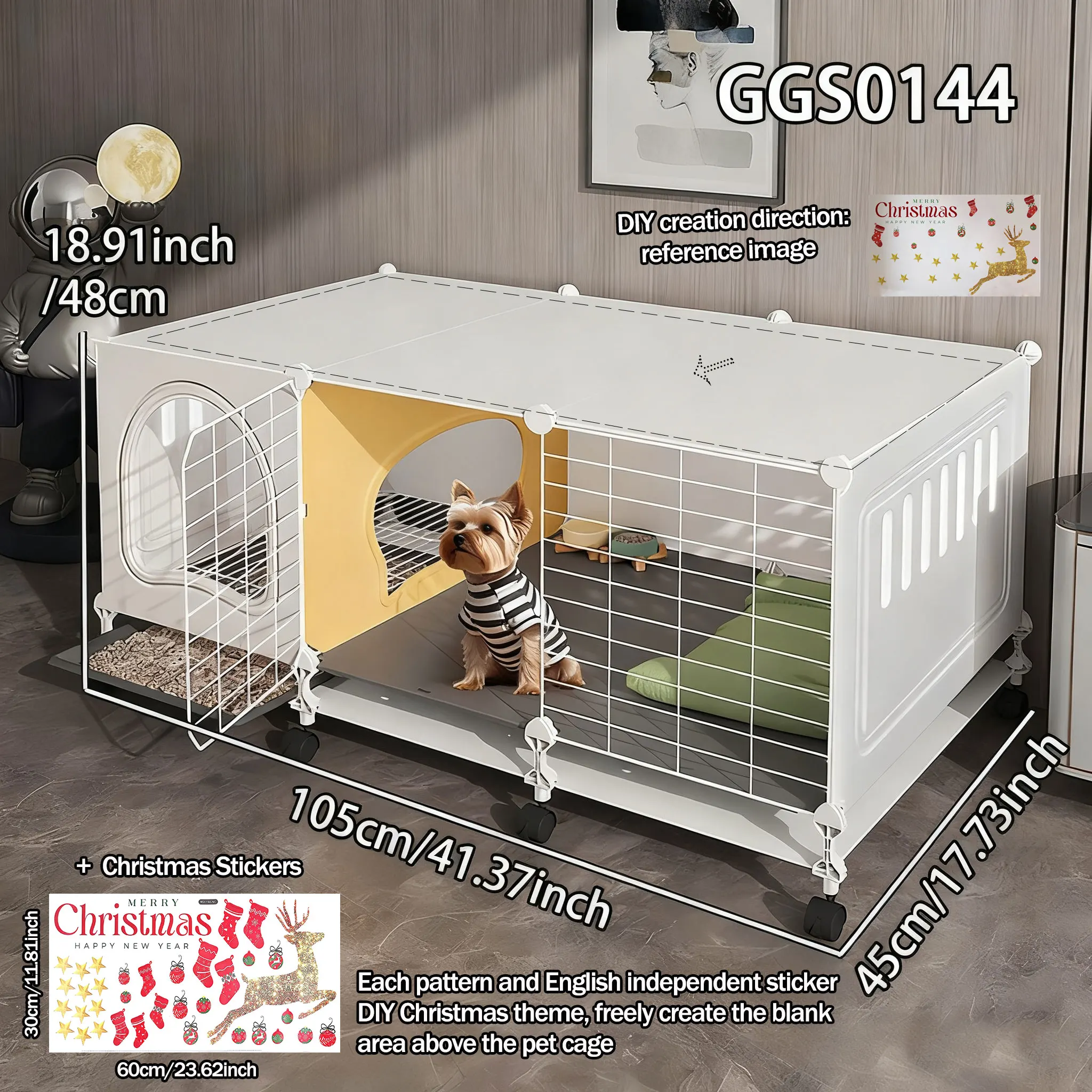 

Christmas DIY Dog Cage for Small Dogs with Separate Toilet and Pulleys, Indoor Dog House for Bichon Frise and Teddy Dogs, Dog Cabinet