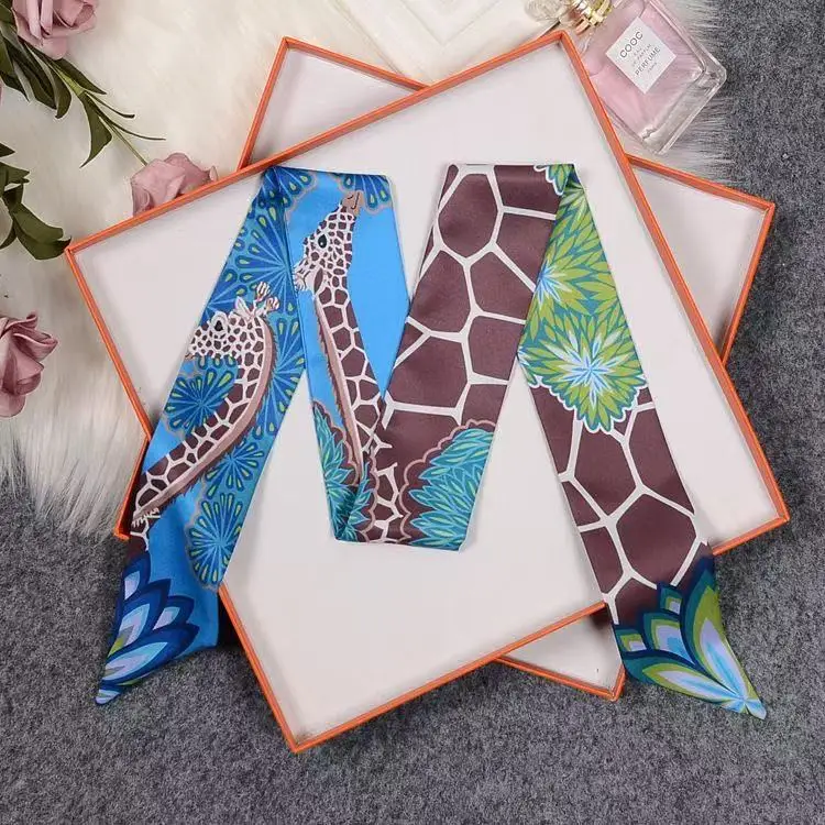French Silk Scarf Small Long Decorative Streamer Retro Headband Female Twill Giraffe Bag Handle Ribbon Winding 5*90cm