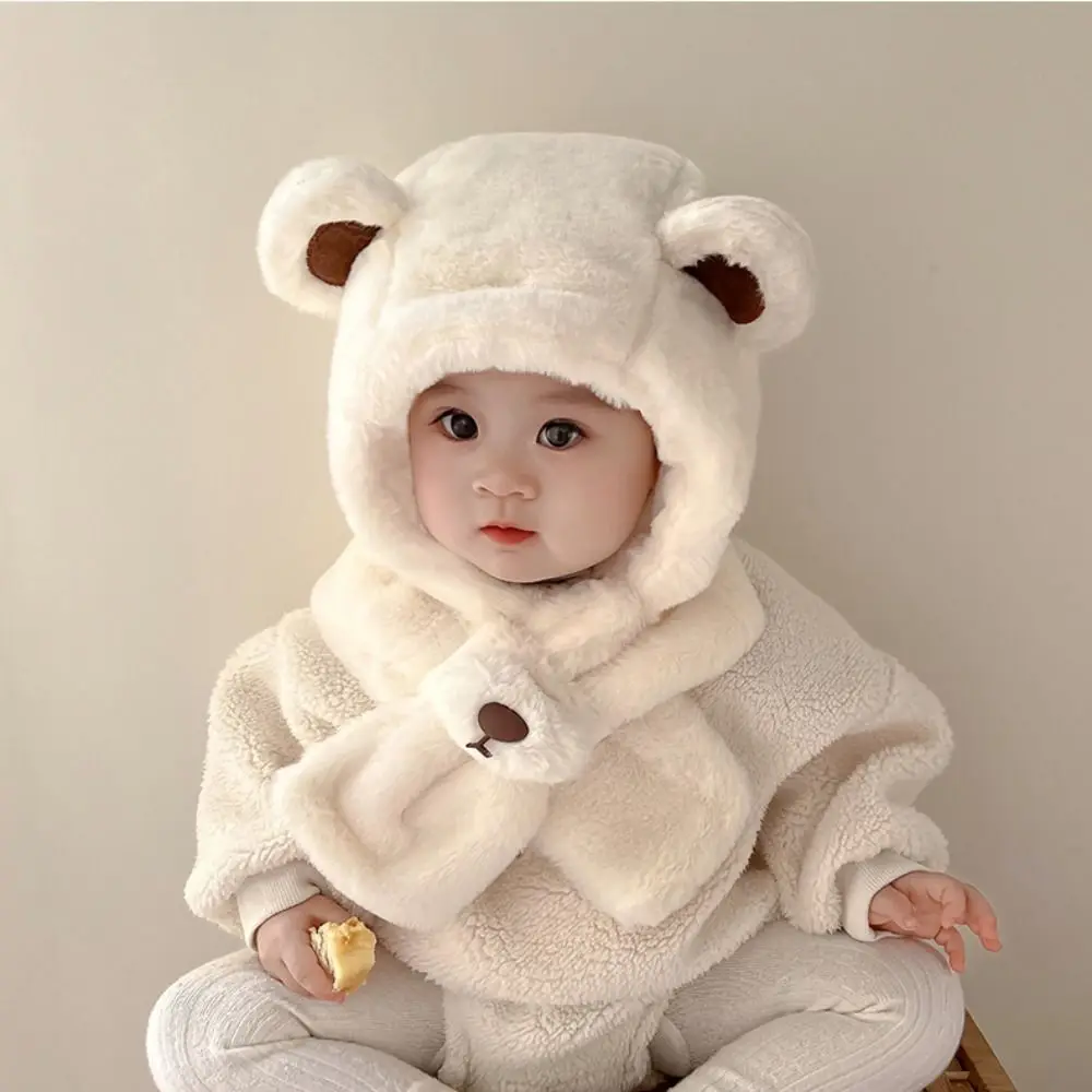 

Solid Color Bear Plush Hat Fashion Design Korean Style Children Fleece Hat Cloth Accessories Cartoon Plush Hat with Scarf