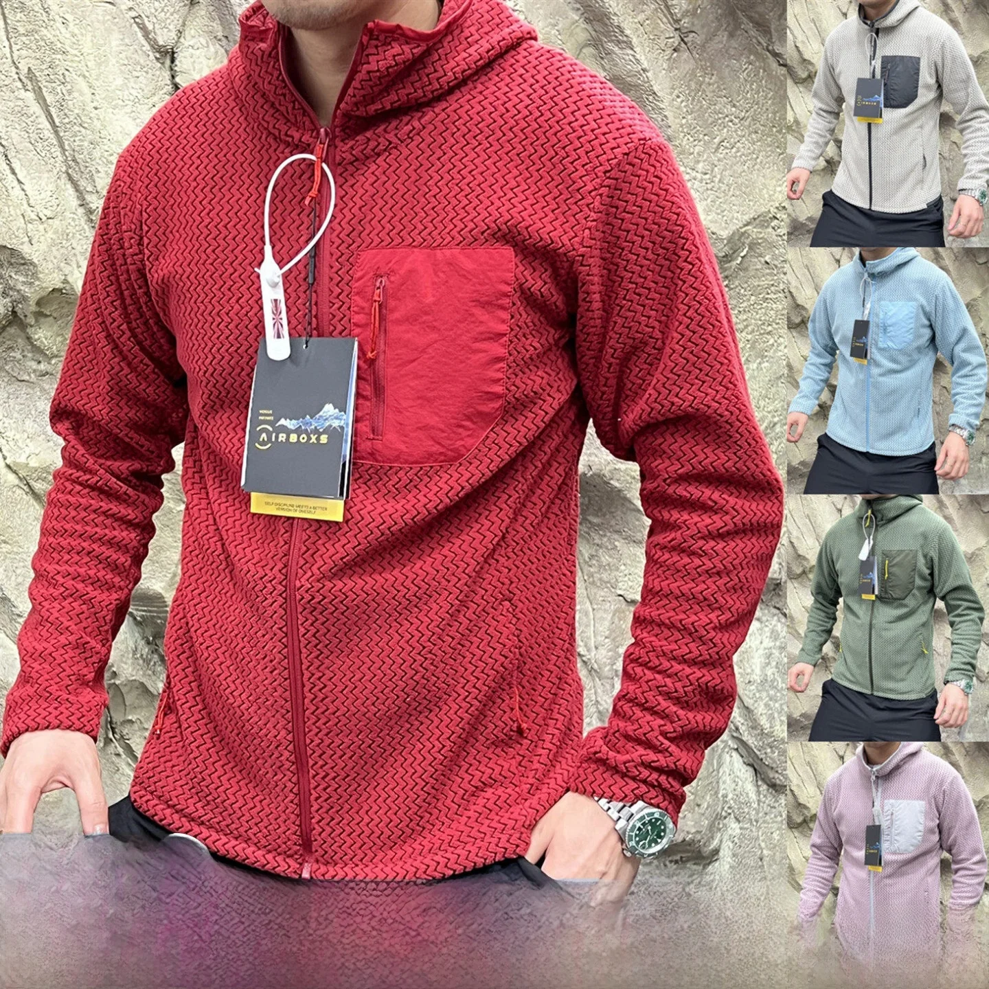 R Series Wave Pattern Fce Outdoor ex Hooded Open Cardigan Warm Thi Long Sve Jaet for Autumn And Winter