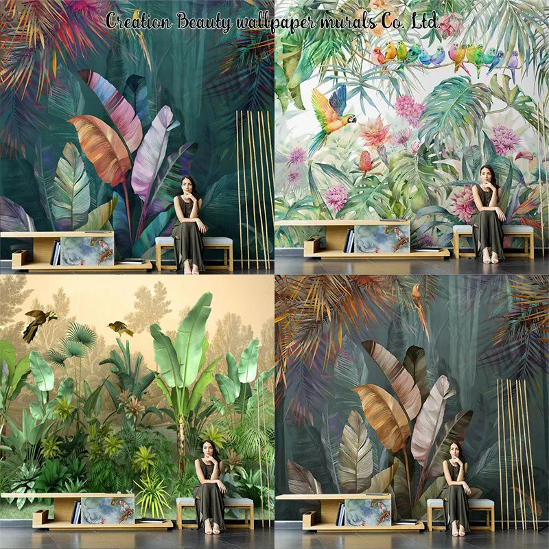 カスタム熱帯雨林植物の葉の壁紙バナナの葉の壁画寝室リビングルームソファテレビの背景壁紙ステッカー