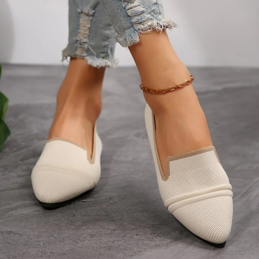 2026 New Flat Shoes Women's Summer New Fashion Knitted Breathable Single Shoes Casual Comfortable Pointed Flat Women's Shoes