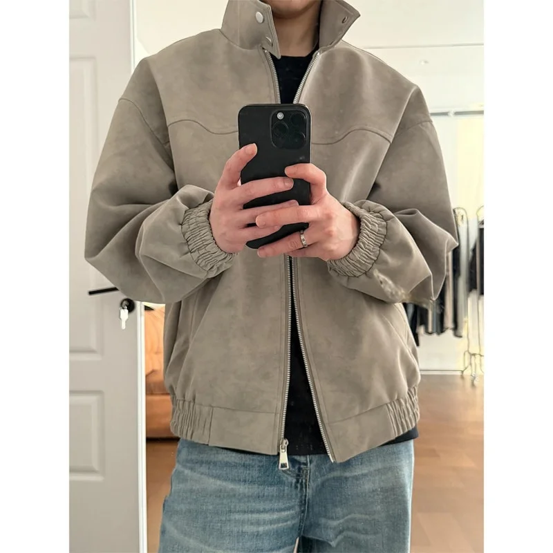 

ex Casual Tie Dye PU Stand Collar Jaet Fall Winter Season Versatile Outerwear for Men And Women by Hanlu Stand Fit