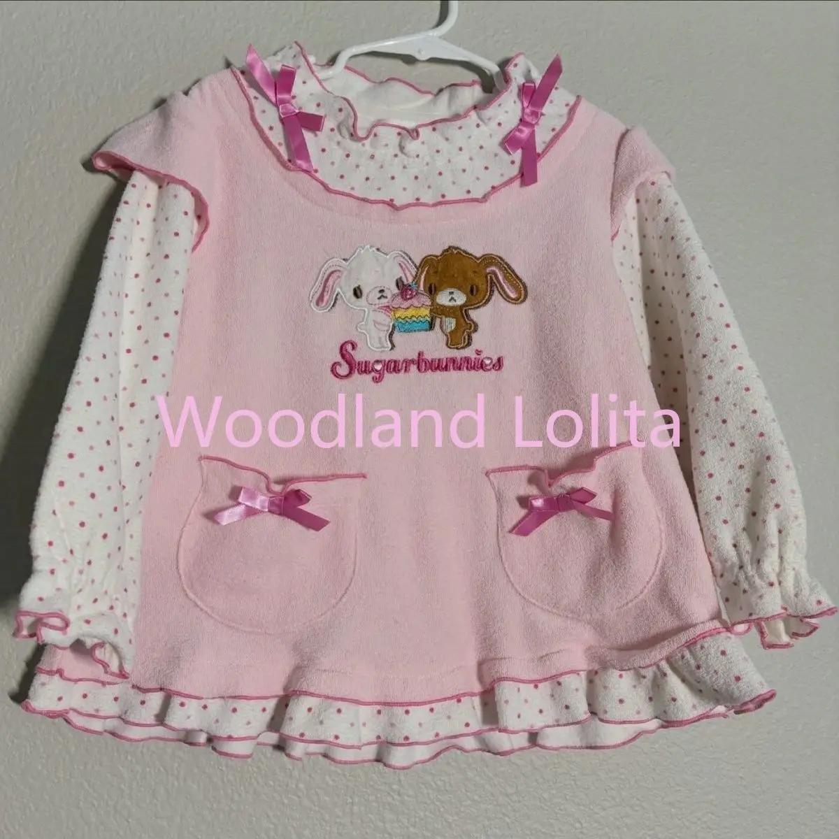 Spring Autumn Japanese Sweet Cute Girl Tees Rabbit Embroidery Bowknot Casual T-shirt Ruffled Fake Two-Piece Long Sleeve Top