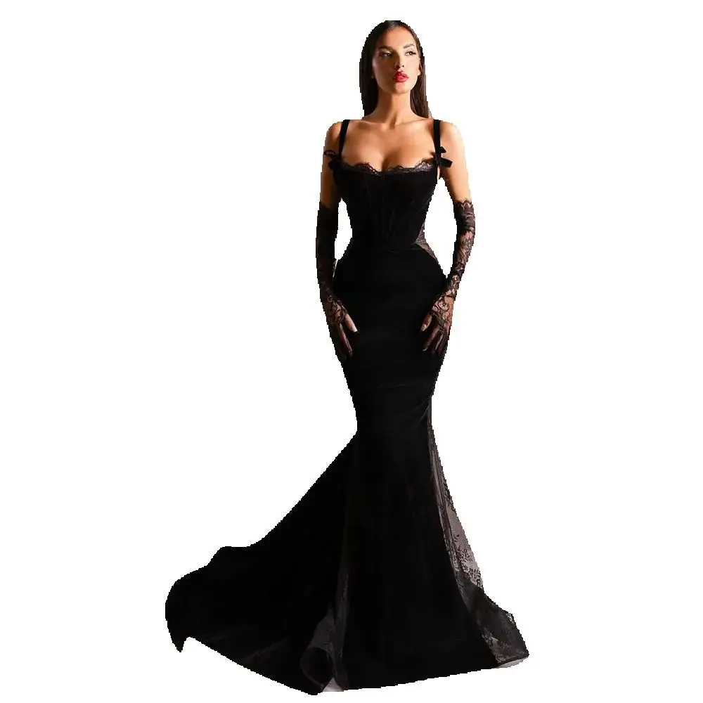 High Quality Black Evening Party Dresses Spaghetti Strap Sweetheart Floor Length Trumpet Fancy Lace Sexy Women Prom Gowns