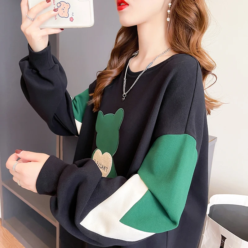 Women\'s Thin Oversized Sweatshirts Casual O-neck Loose Pullover Harajuku Girls Cute Bear Appliques Off-shoulder Tops