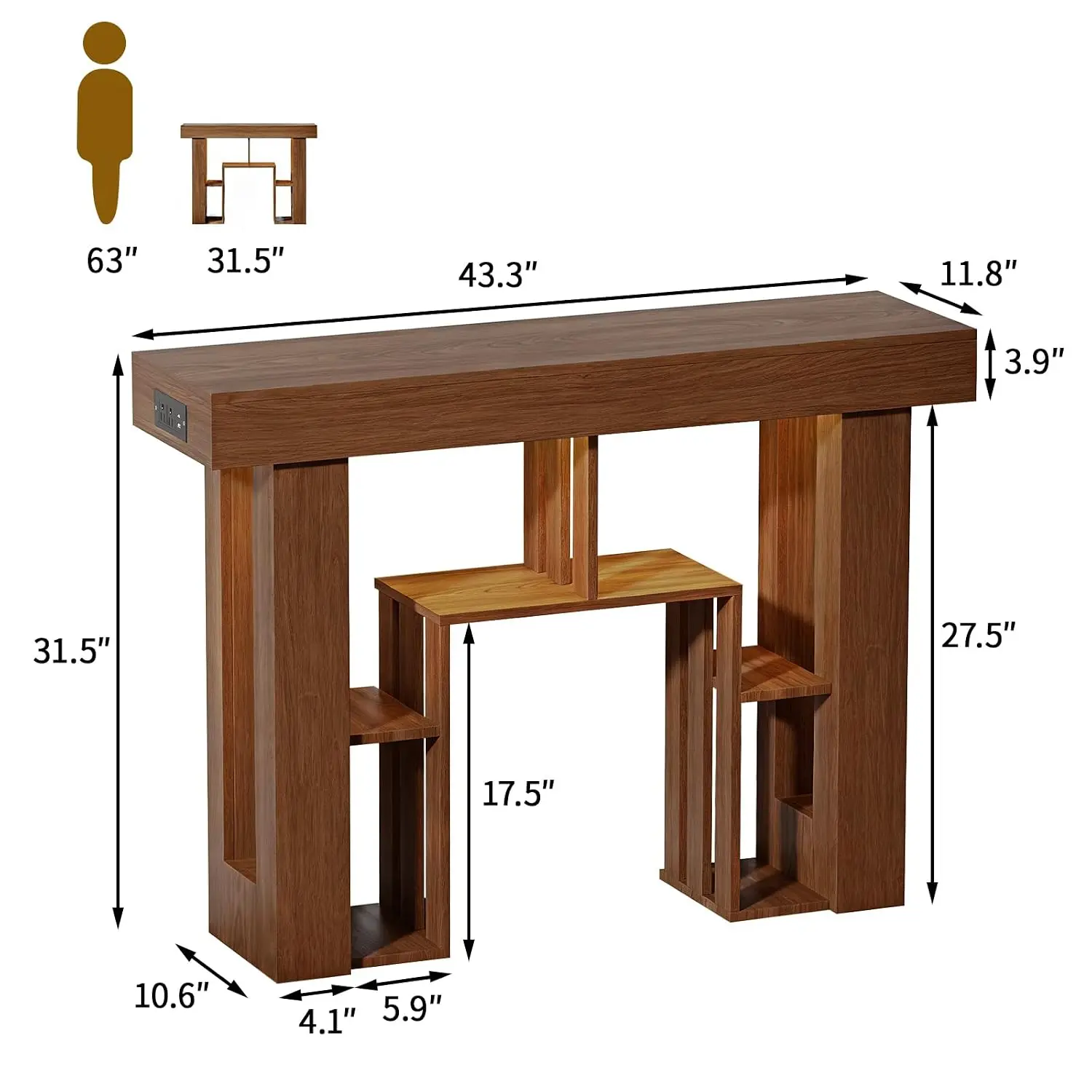 Console Table with Charging Station & USB-C, LED Sofa Table for Entryway Living Room Hallway, 43.3