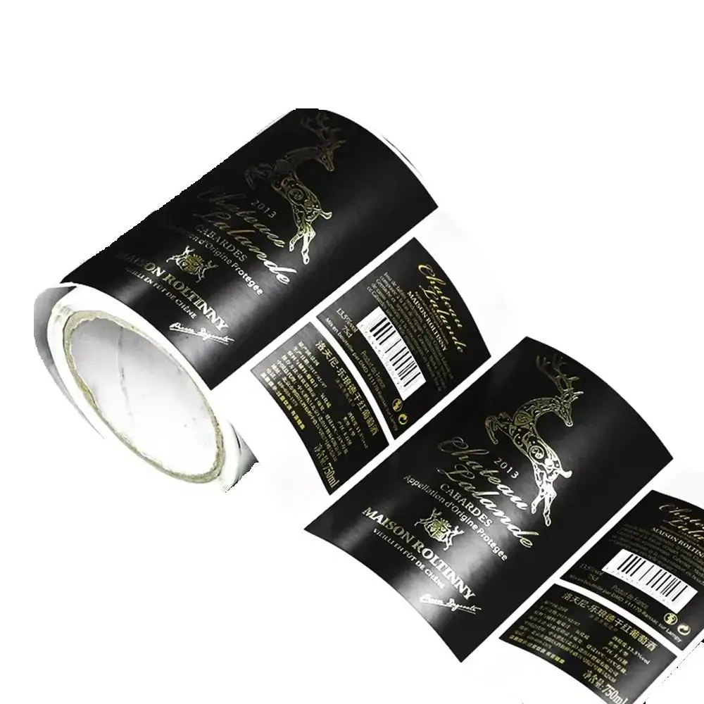 تسمية النبيذ الأسود المخصصة |   ملصق زجاجة النبيذ الأحمر الفاخر الممتاز بختم رقائق الذهب