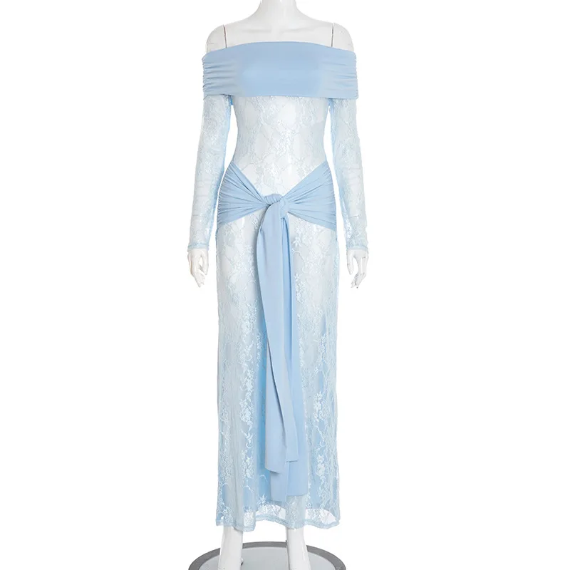 Leosoxs 2025 Fall Womens Patchwork Sheer Lace Off Shoulder Dress Sexy Slash Neck Long Sleeve Bodycon Evening Gown Party Clubwear