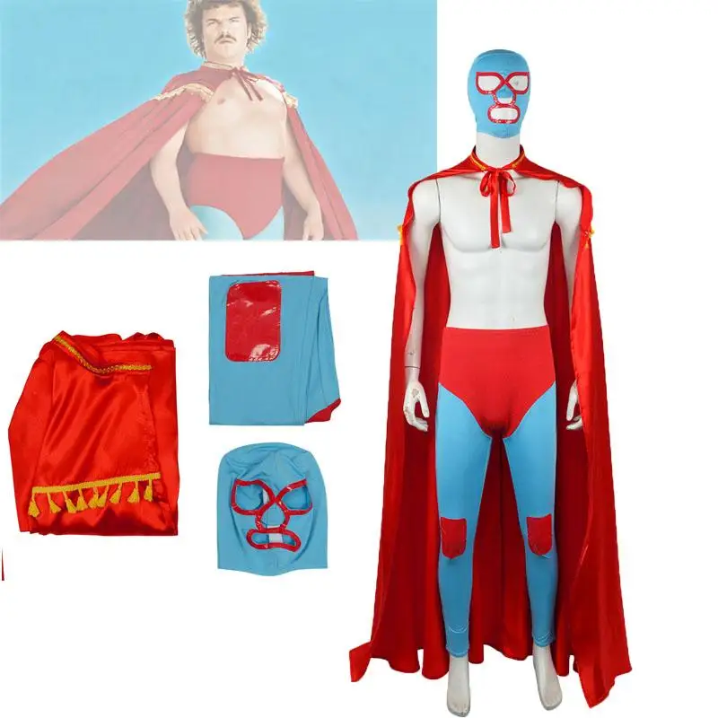 Nacho Cosplay Kostüm Libre Roter Umhang Maske Hose Komplettes Set Outfits Mexikanisches Wrestling Halloween Cosplay Outfits für Erwachsene Männer