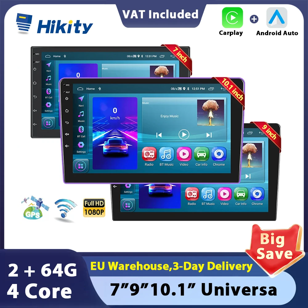 Hikity Universal 2din Android auto Carplay Car Radio Multimedia Player 7''/9''/10.1'' GPS stereo for BMW Audi FORD Nissan VW