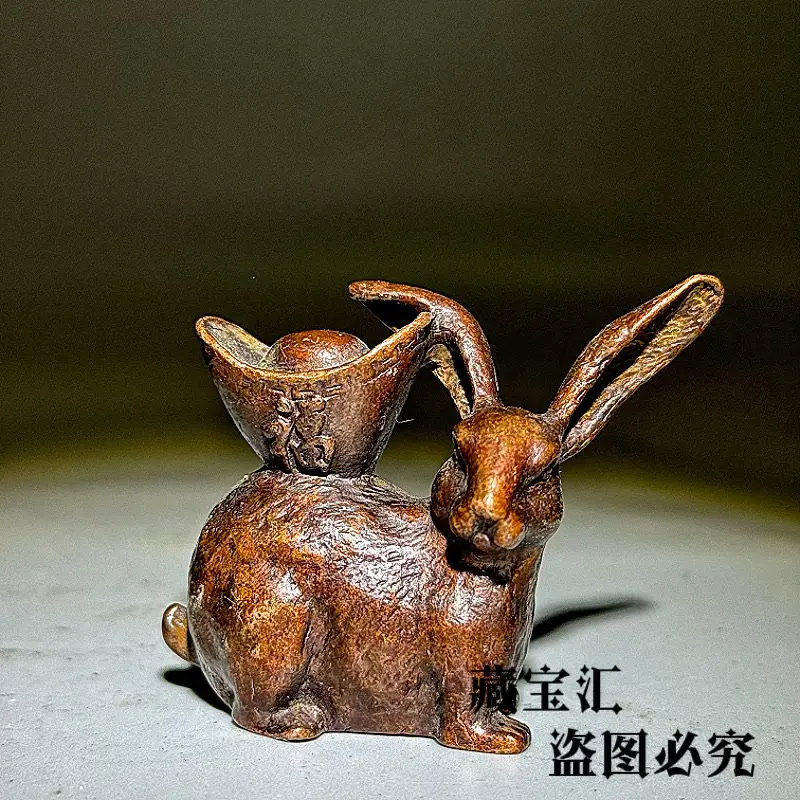 Antique Red Copper Chinese Twelve Zodiac Rabbit Statue Wealth Ingot Rabbit Ornament Patina Home Decoration Tea Table Pet