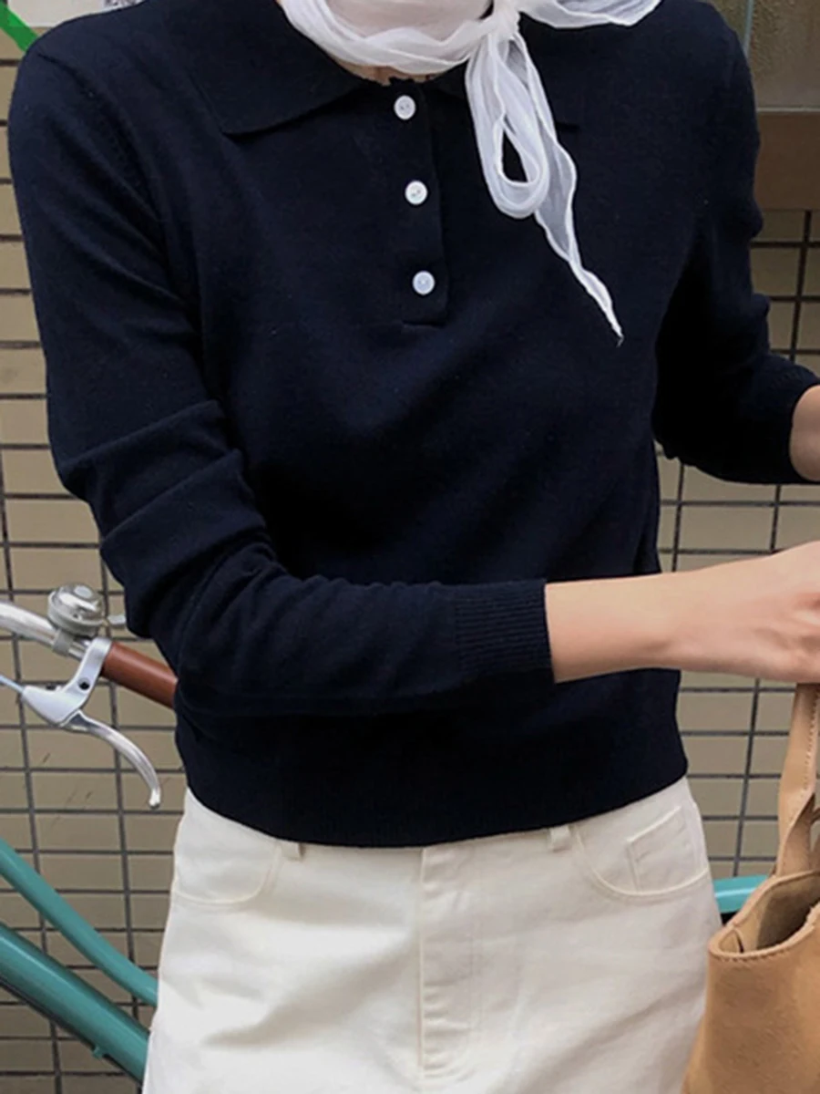 Solid Knit Long Sleeve T-shirt Women 2024 Autumn New Fashion Turndown Collar Tops Tee Shirts Lady Casual Vintage Short Jumpers